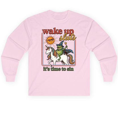 Wake Up Sluts It's Time to Sin Funny Wizard Frog Long Sleeve Tee - product mockup - Light Pink