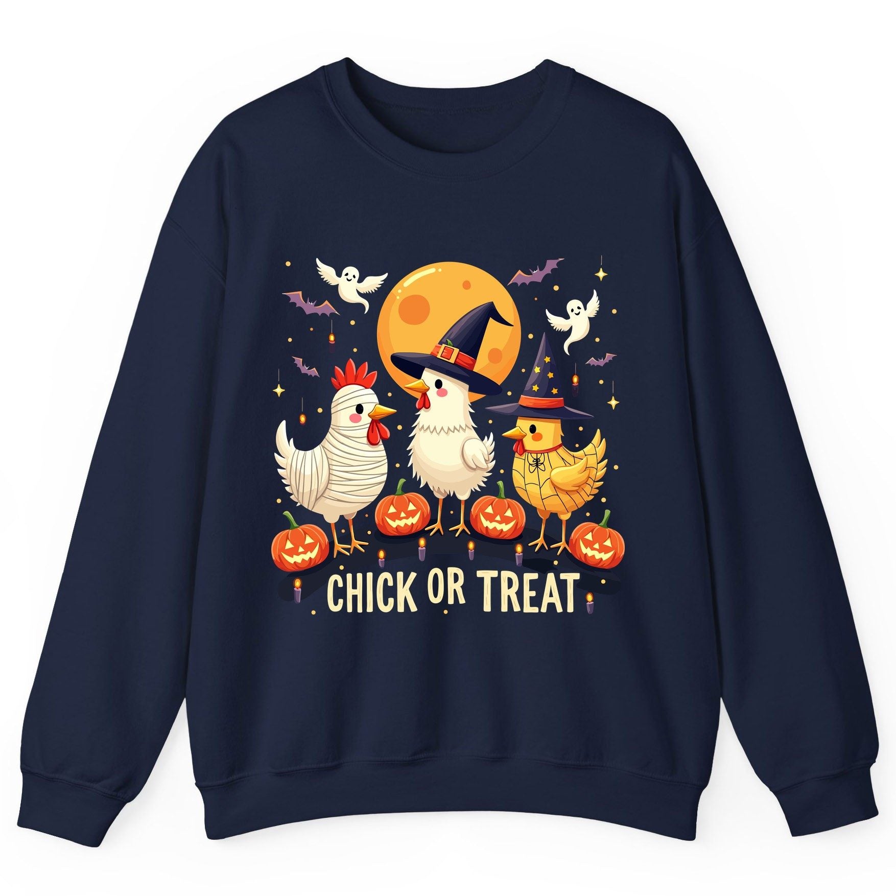 Chick or Treat Halloween chickens Sweatshirt Navy product mockup