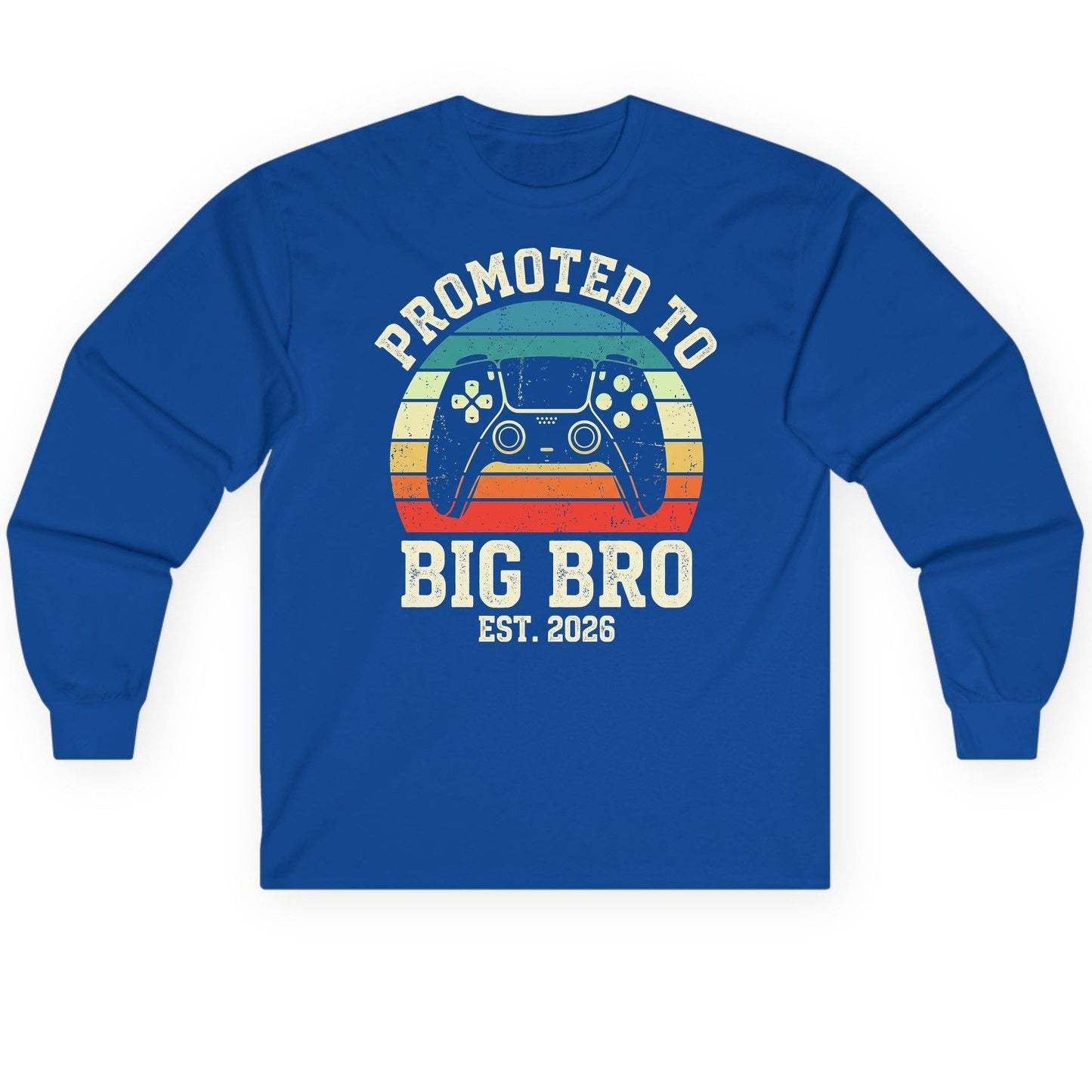 Promoted TO BIG BRO EST 2026 Retro Gaming Long Sleeve Tee - product mockup - Royal
