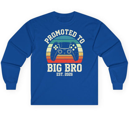 Promoted TO BIG BRO EST 2026 Retro Gaming Long Sleeve Tee - product mockup - Royal