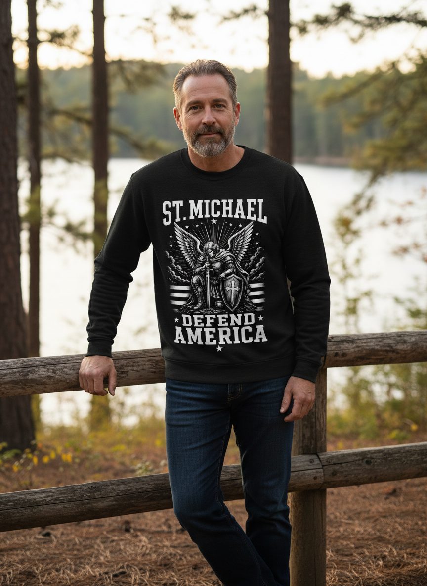 St Michael Defend America Patriotic Christian Sweatshirt - lifestyle model mockup - Black