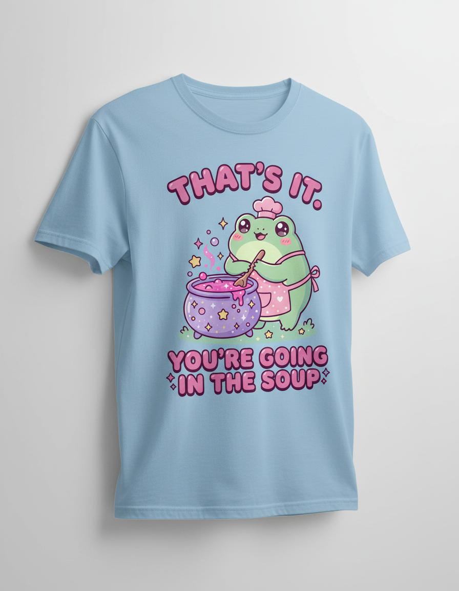 Kawaii Frog Chef 'You're Going In The Soup' Funny Meme Design T-Shirt - Light Blue