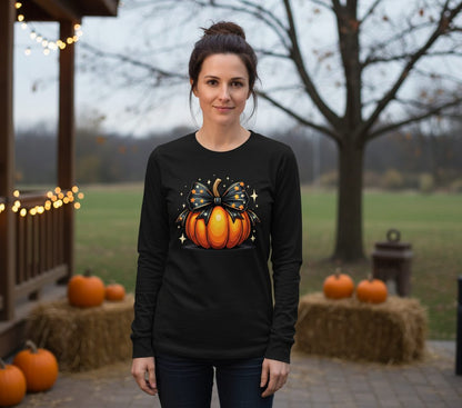 Starry Bow Pumpkin Halloween pumpkin Long Sleeve Tee Black lifestyle mockup