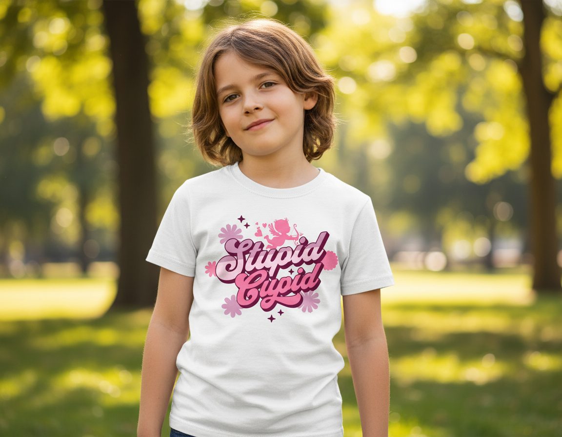 Stupid Cupid anti-Valentine's Day Youth T-Shirt White lifestyle mockup