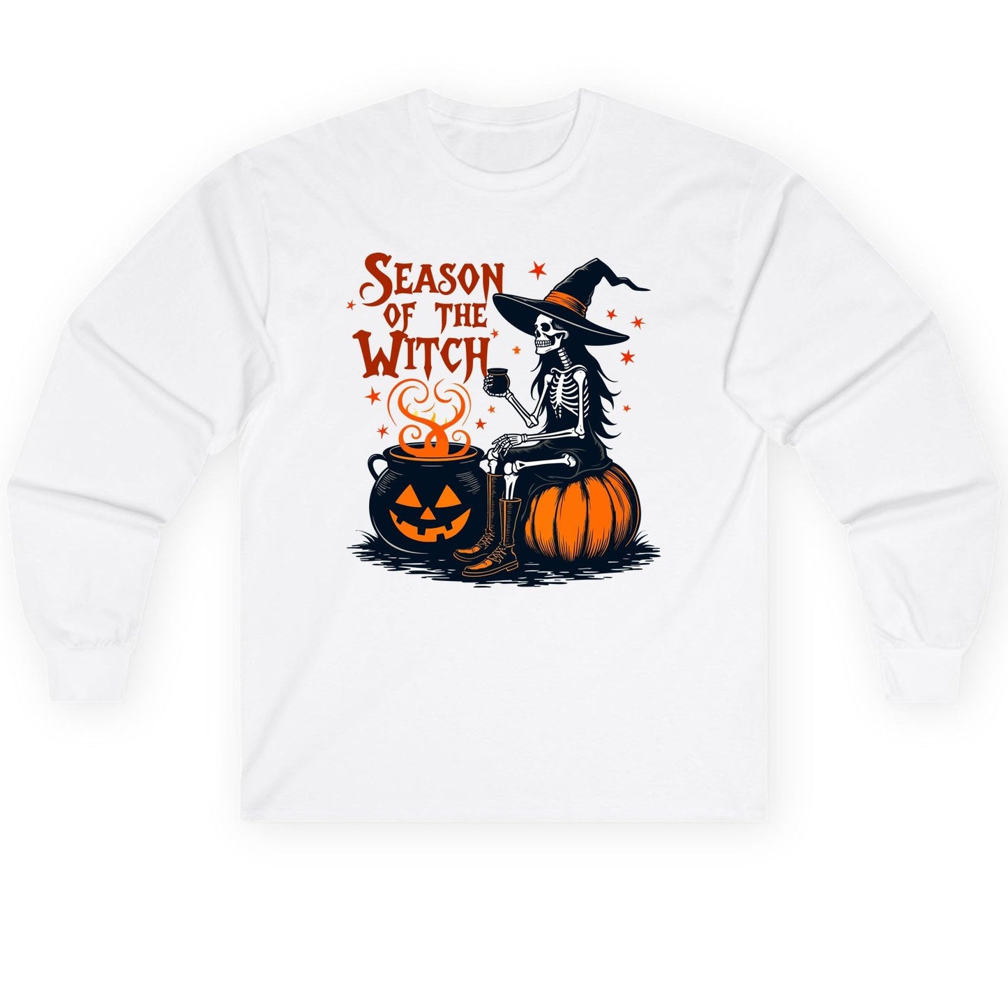 Season of the Witch skeleton witch Long Sleeve Tee White product mockup
