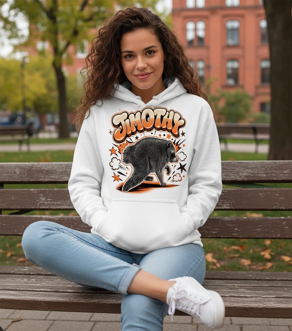 Timothy Retro Raccoon Hoodie - lifestyle model mockup - White