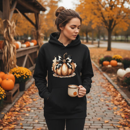 Cow Print Bow Pumpkin pumpkin Hoodie Black lifestyle mockup