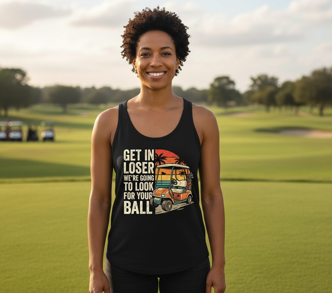 GET IN LOSER WE'RE GOING TO LOOK FOR YOUR BALL Funny Golf Tank Top - lifestyle model mockup - Black