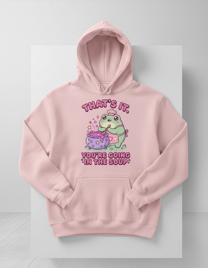 Kawaii Frog Chef "You're Going In The Soup" Funny Meme Design Hoodie - Light Pink