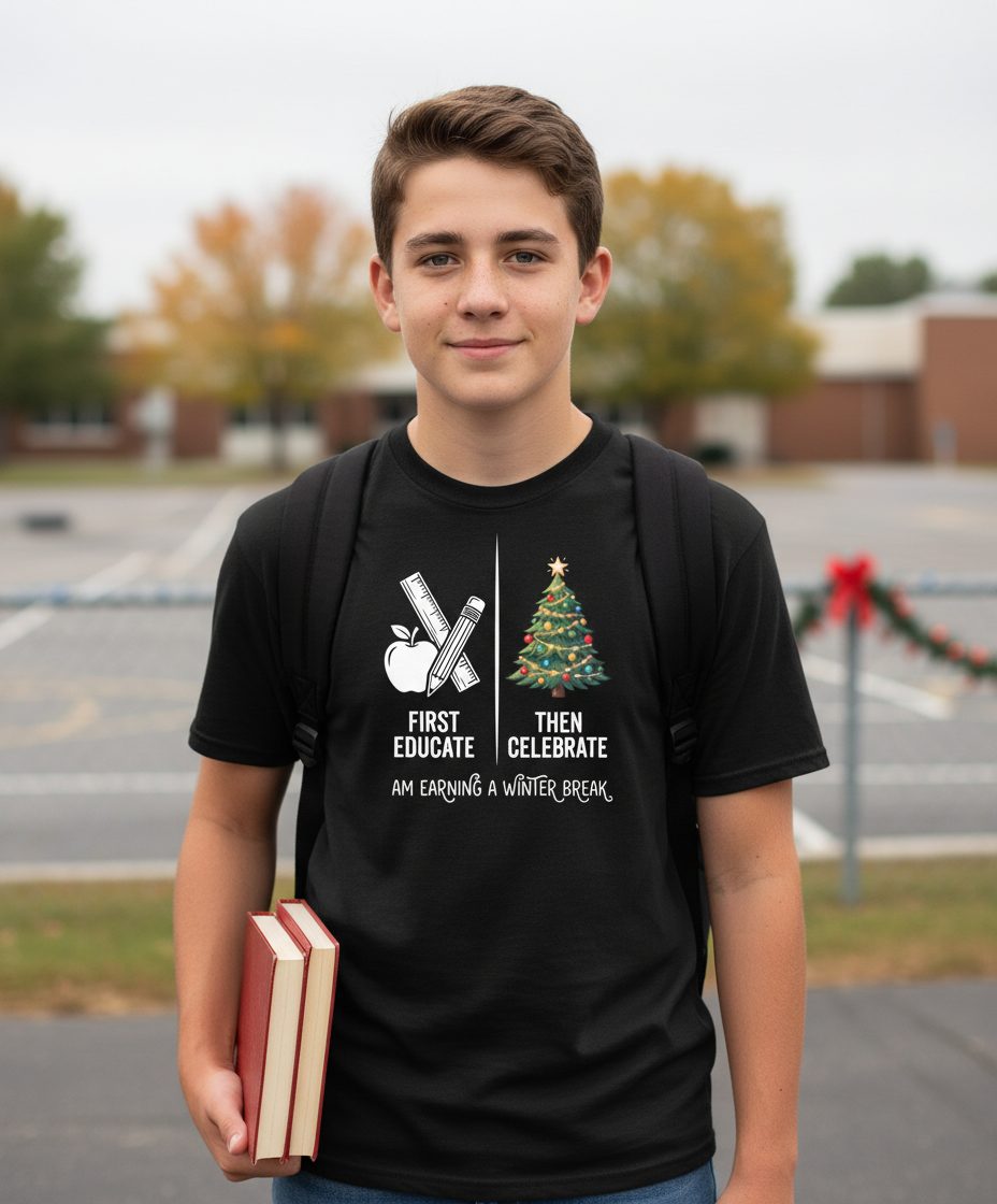 First Educate Then Celebrate I Am Earning a Winter Break teacher humor Youth T-Shirt Black lifestyle mockup