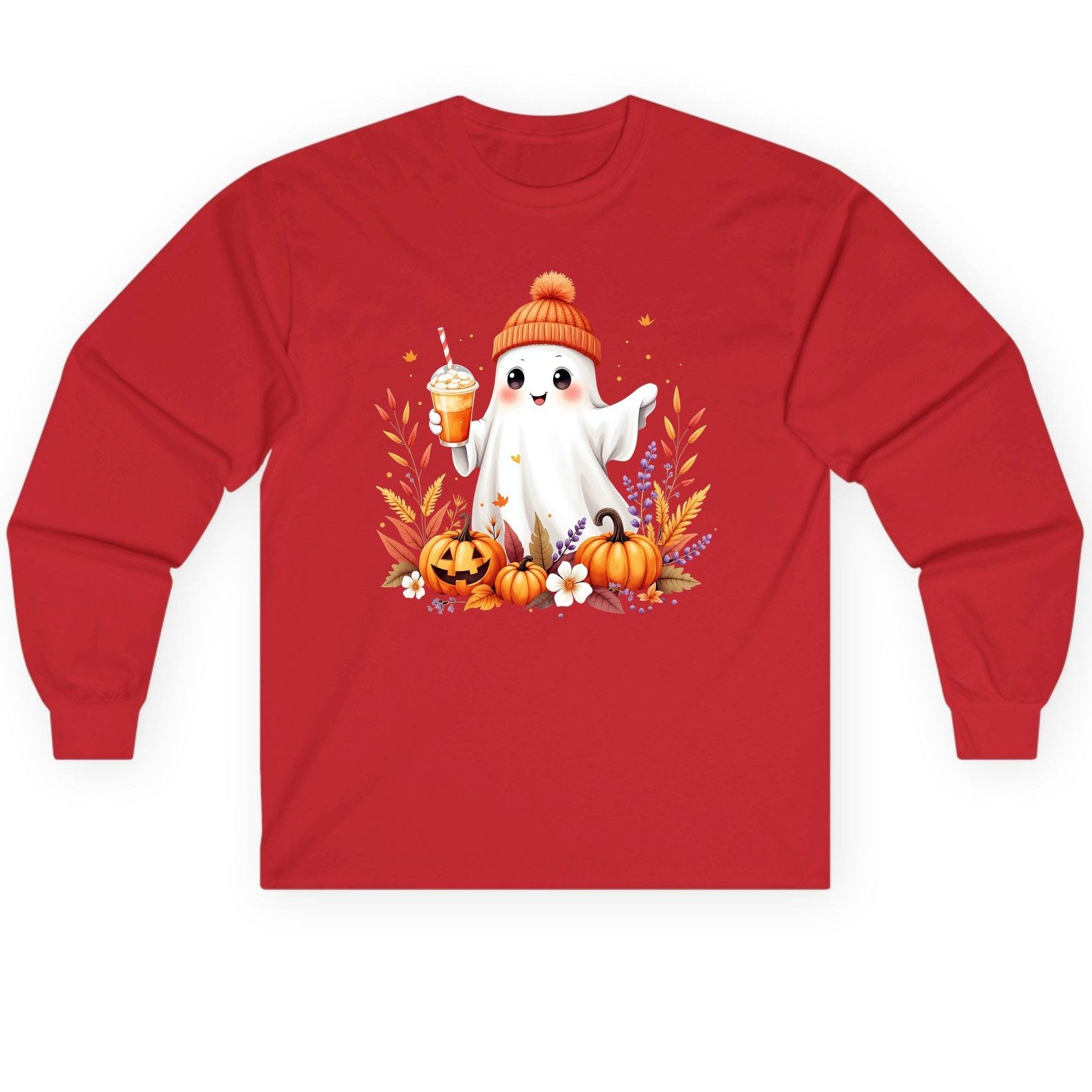 Cute Ghost Pumpkin Spice Latte cute Halloween ghost Long Sleeve Tee Red product mockup