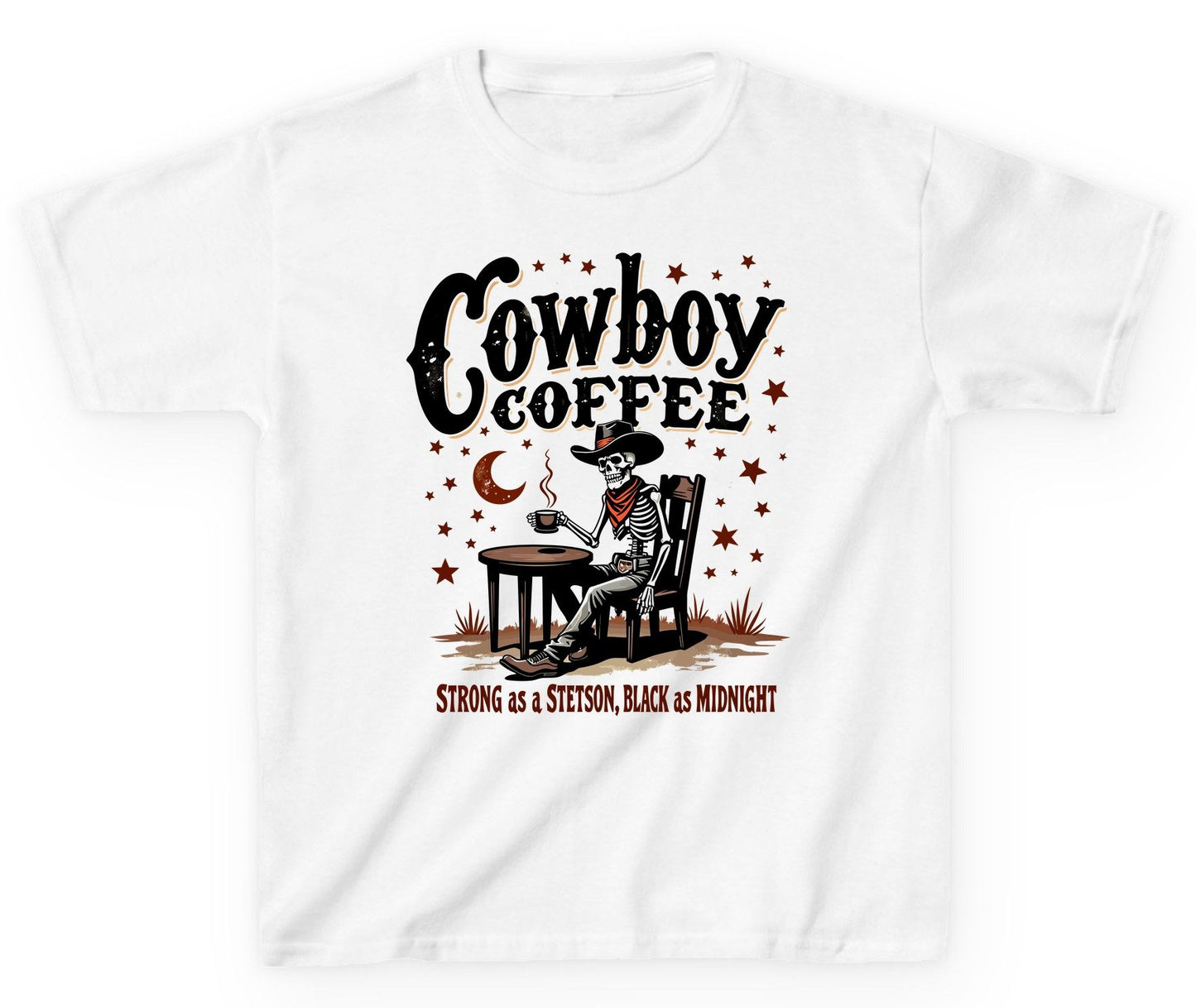 Cowboy Coffee Strong as a Stetson, Black as Midnight cowboy skeleton Youth T-Shirt White product mockup