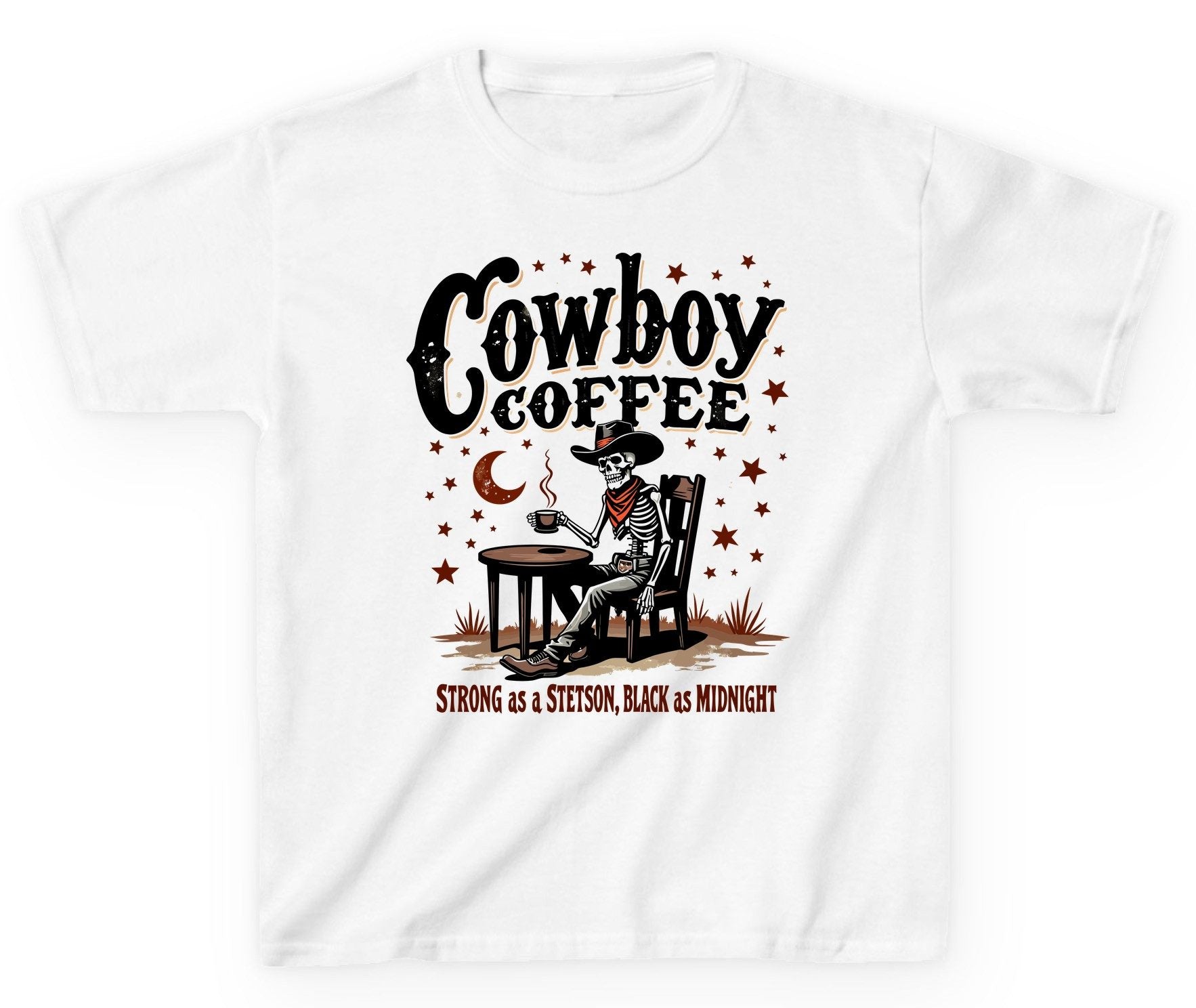 Cowboy Coffee Strong as a Stetson, Black as Midnight cowboy skeleton Youth T-Shirt White product mockup