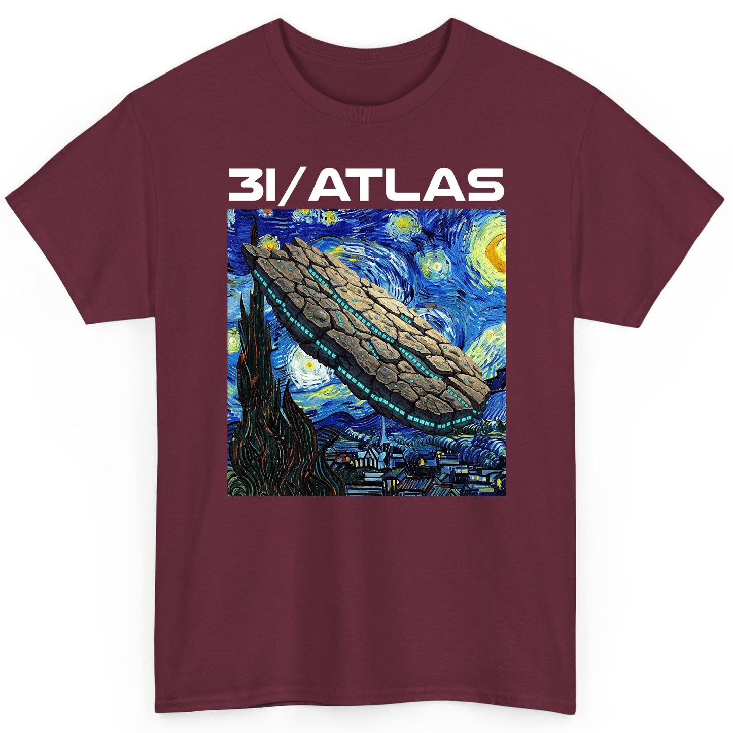 31 Atlas van gogh sci-fi mashup T-Shirt Maroon product mockup