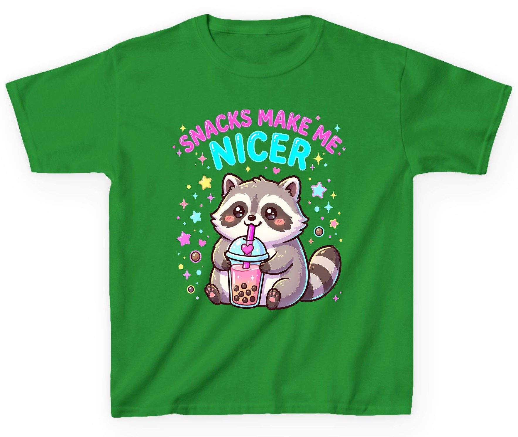 SNACKS MAKE ME NICER Funny Raccoon Youth T-Shirt - product mockup - Irish Green