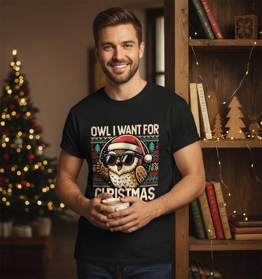 Owl I Want for Christmas Christmas owl T-Shirt Black lifestyle mockup