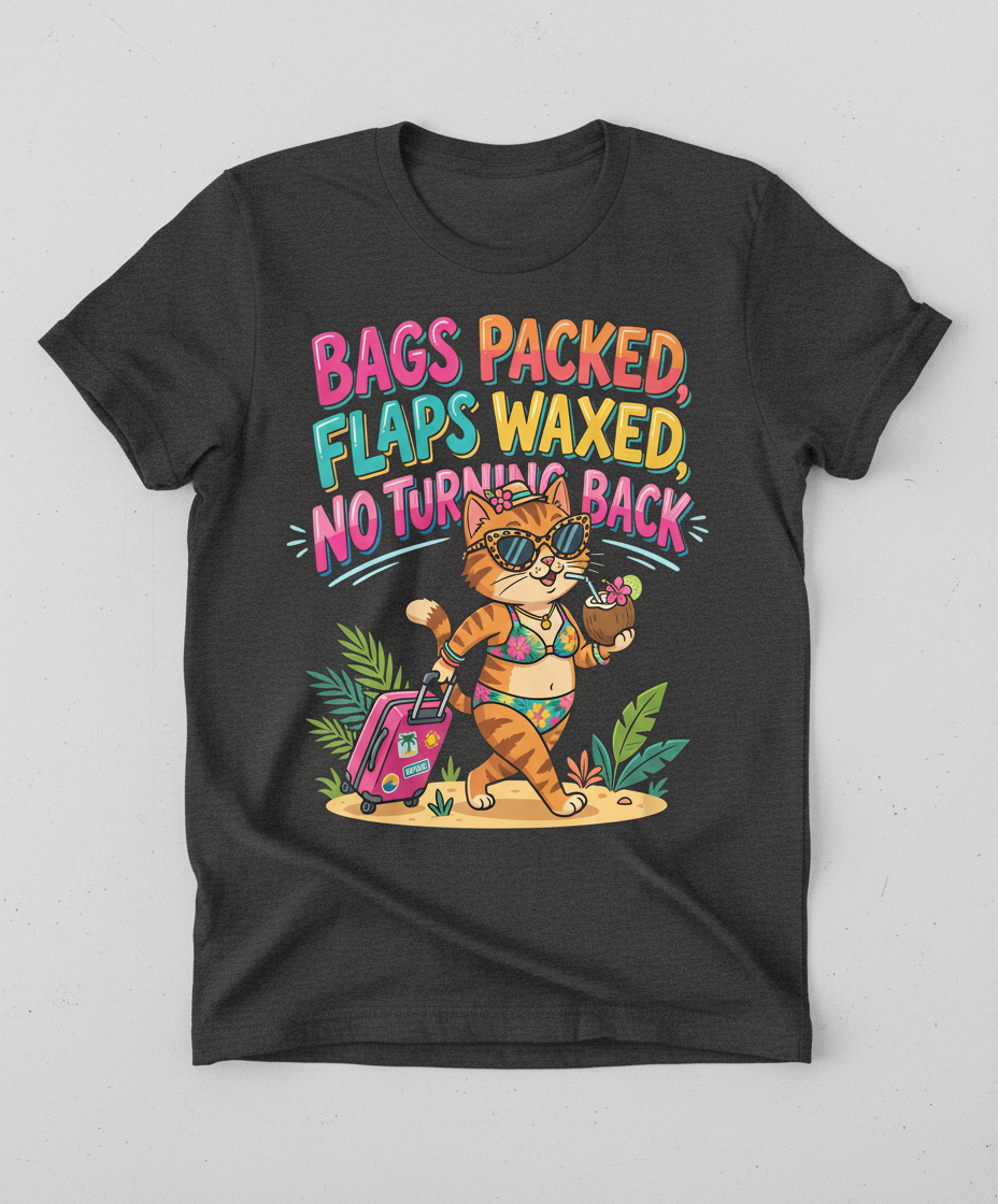 Funny Vacation Cat Bags Packed Flaps Waxed T-Shirt - Dark Heather