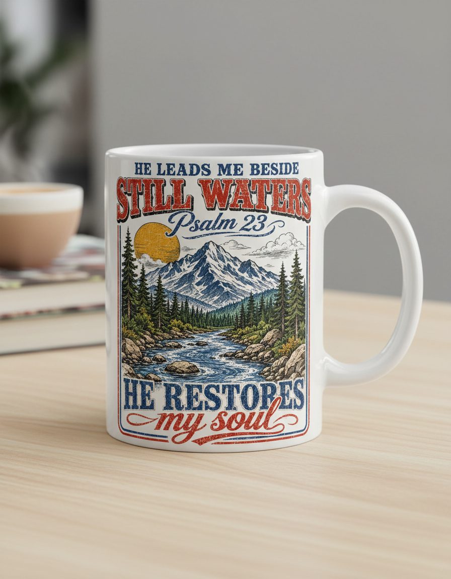 He Leads Me Beside Still Waters Psalm 23 He Restores My Soul White Mug - product mockup - White