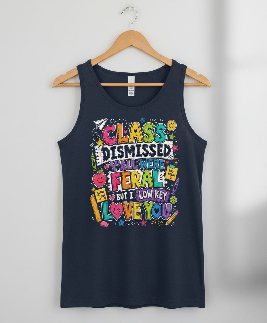 Class Dismissed Y'all Were Feral but I Low Key Love You Tank Top - product mockup - Navy