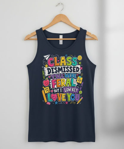 Class Dismissed Y'all Were Feral but I Low Key Love You Tank Top - product mockup - Navy