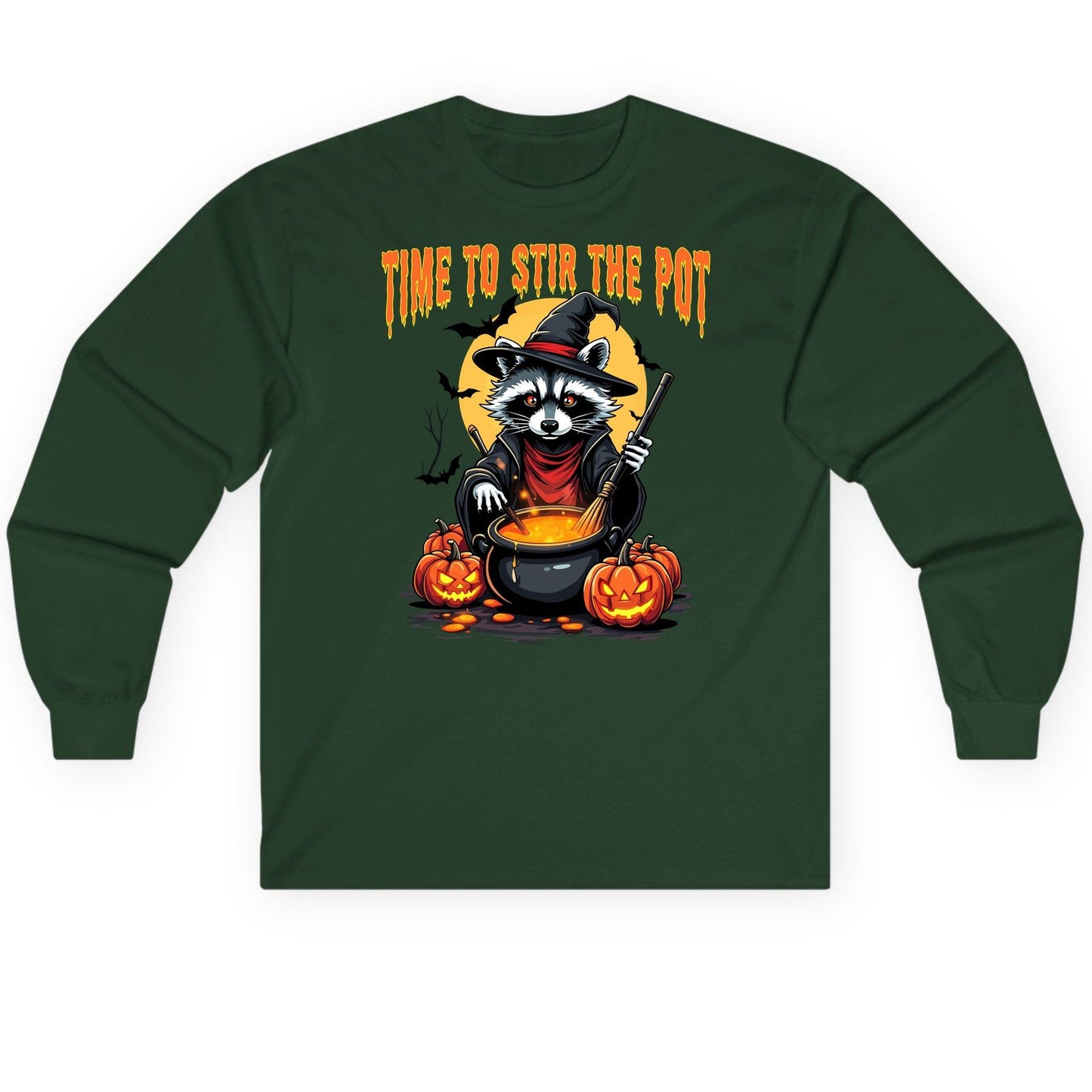 Time to Stir the Pot Halloween raccoon Long Sleeve Tee Forest Green product mockup