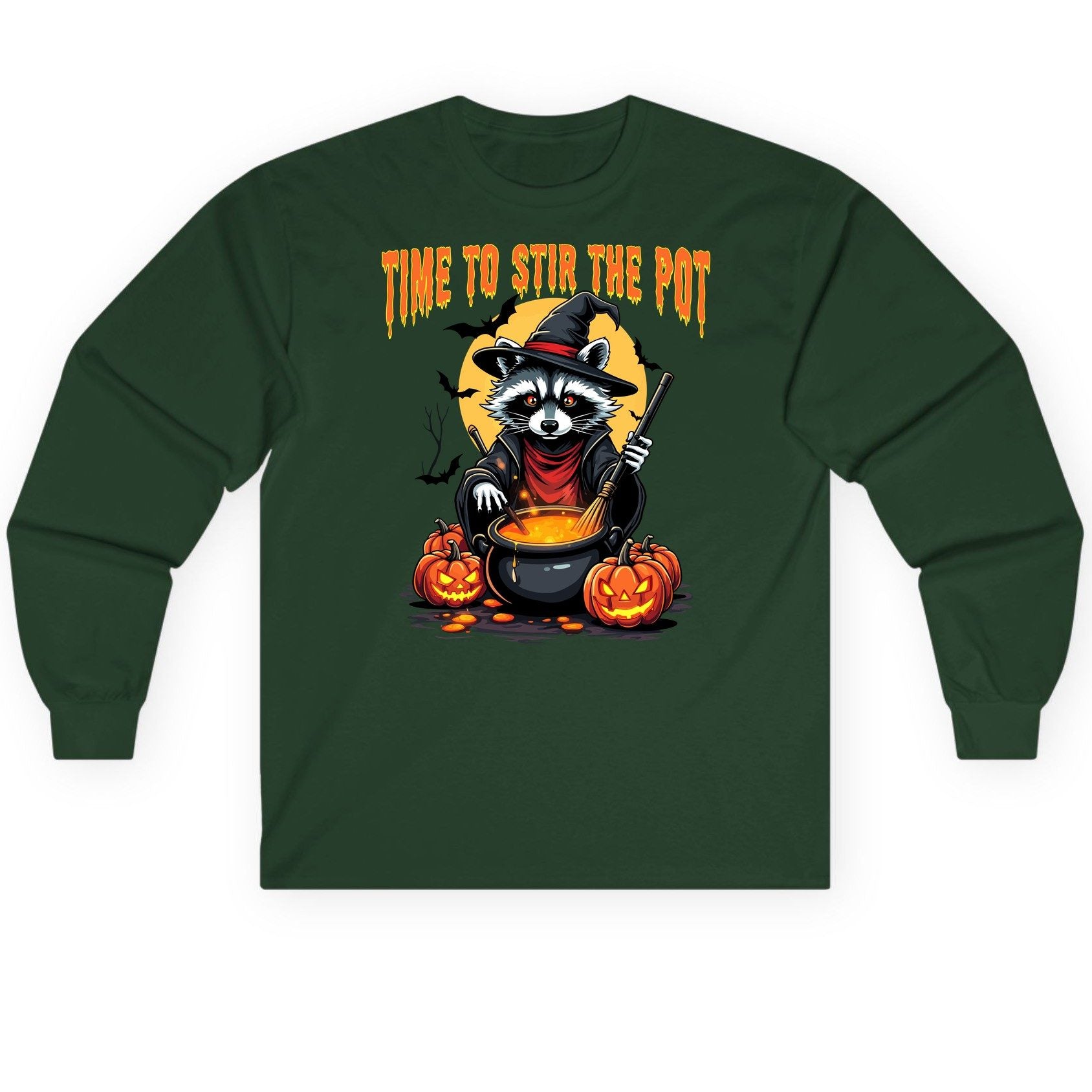 Time to Stir the Pot Halloween raccoon Long Sleeve Tee Forest Green product mockup