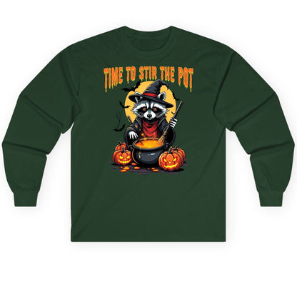 Time to Stir the Pot Halloween raccoon Long Sleeve Tee Forest Green product mockup
