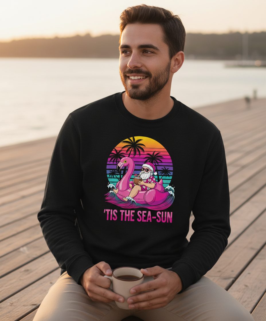 'Tis the Sea-Sun tropical santa claus Sweatshirt Black lifestyle mockup