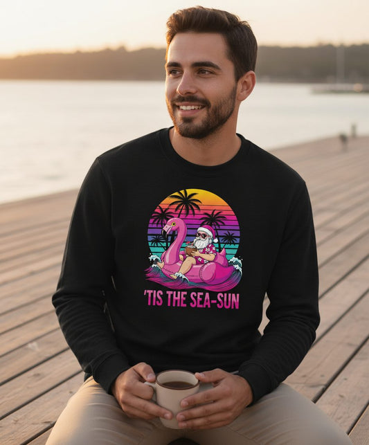 'Tis the Sea-Sun tropical santa claus Sweatshirt Black lifestyle mockup