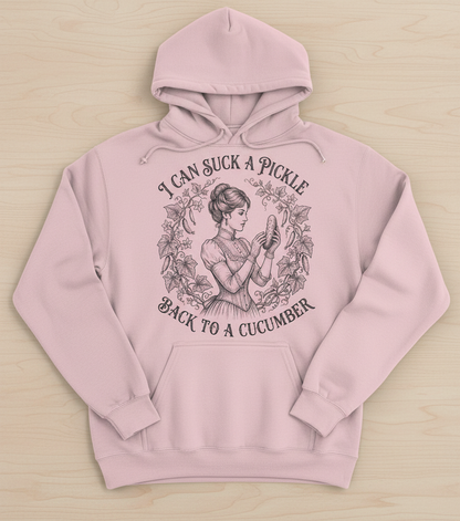 Vintage Victorian "I Can Suck a Pickle Back to a Cucumber" Design Hoodie - Light Pink