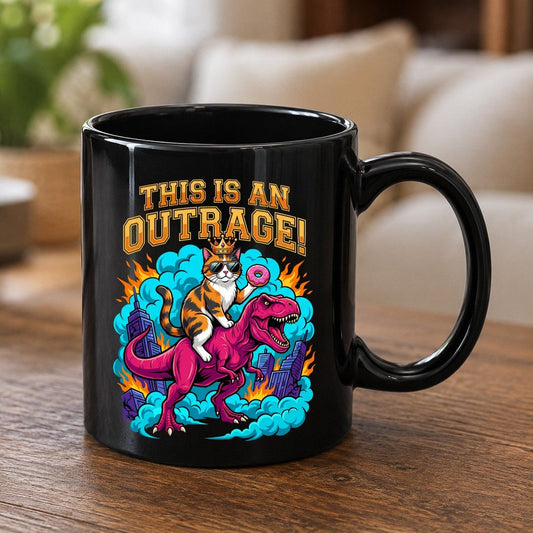 THIS IS AN OUTRAGE! Cat riding a T-Rex Black Mug Black product mockup