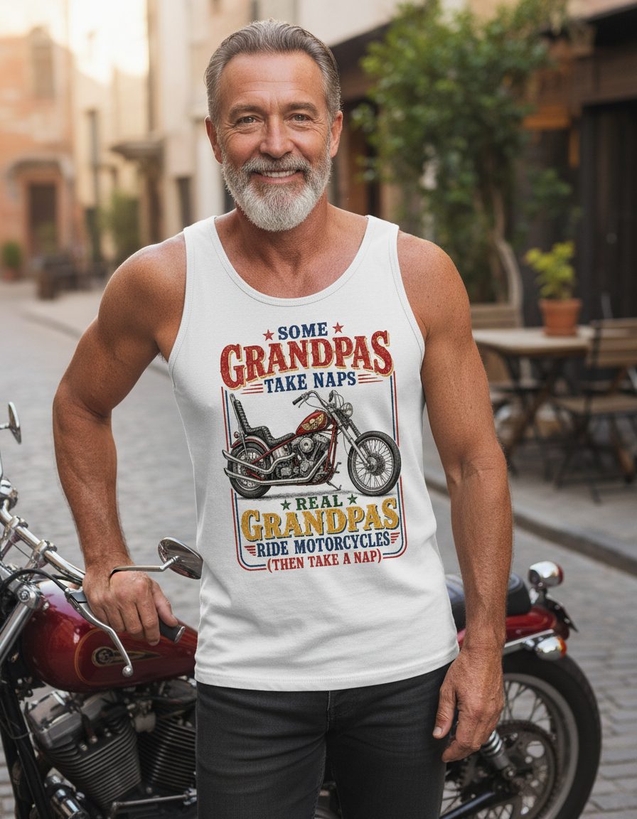 ★ Some ★ Grandpas Take Naps ★ Real ★ Grandpas Ride Motorcycles (then Take a Nap) Funny Biker Grandpa Tank Top - lifestyle model mockup - White