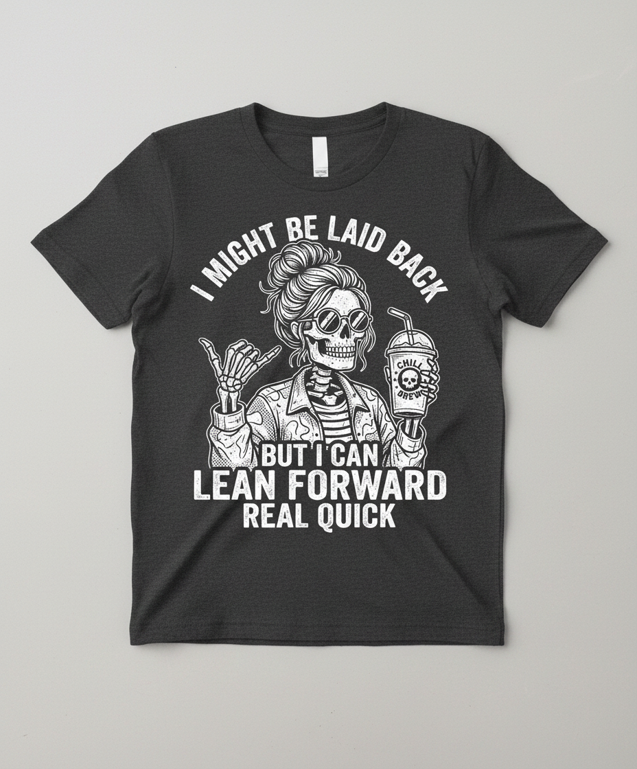 I Might Be Laid Back But I Can Lean Forward Skeleton with Messy Bun T-Shirt - Dark Heather