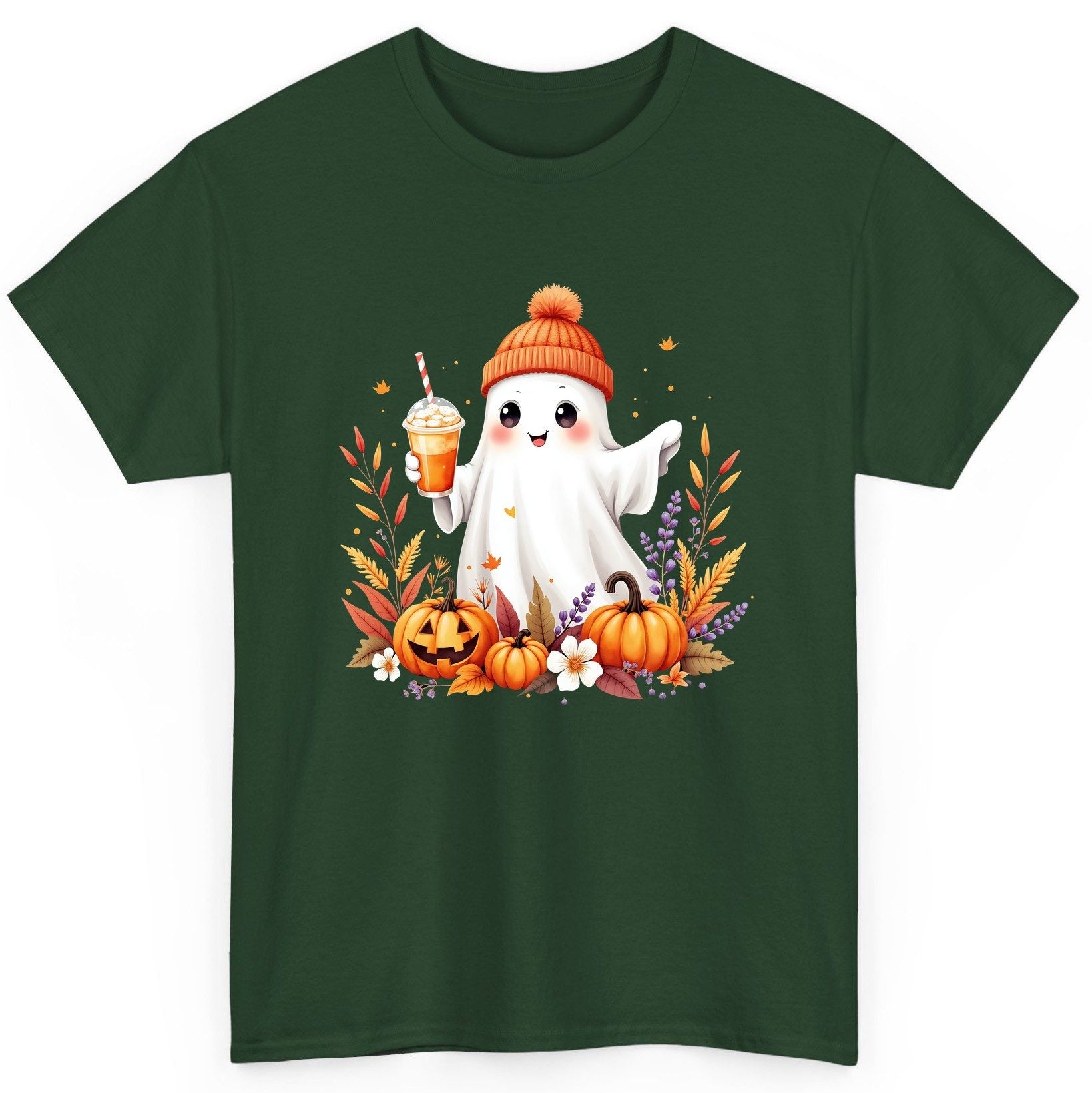 Cute Ghost Pumpkin Spice Latte cute Halloween ghost T-Shirt Forest Green product mockup