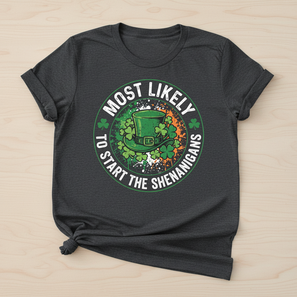 Most Likely To Start The Shenanigans St. Patrick's Day Design T-Shirt - Dark Heather