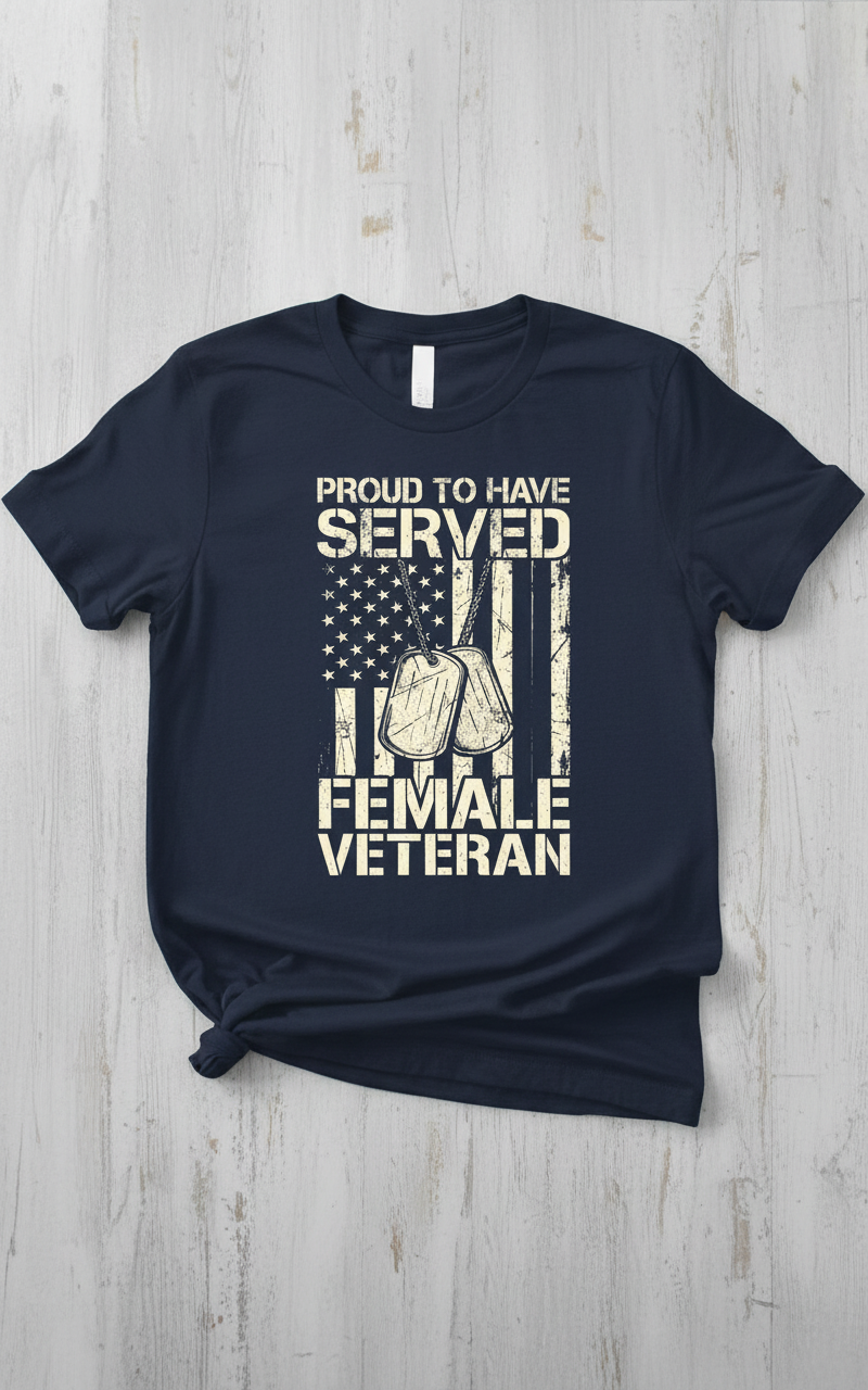 Proud Female Veteran American Flag Dog Tags Design T-Shirt - Navy