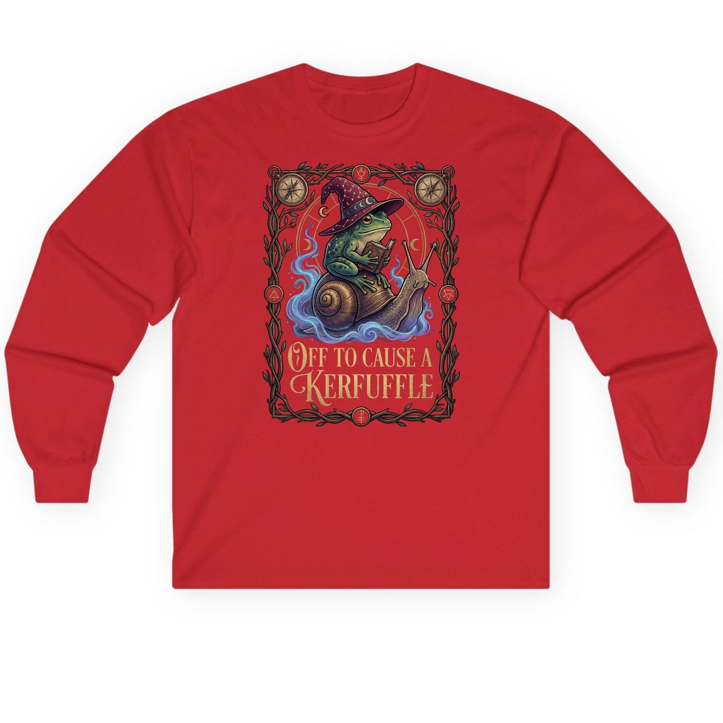 Off to Cause a Kerfuffle frog wizard Long Sleeve Tee Red product mockup