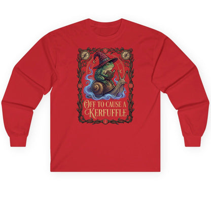 Off to Cause a Kerfuffle frog wizard Long Sleeve Tee Red product mockup