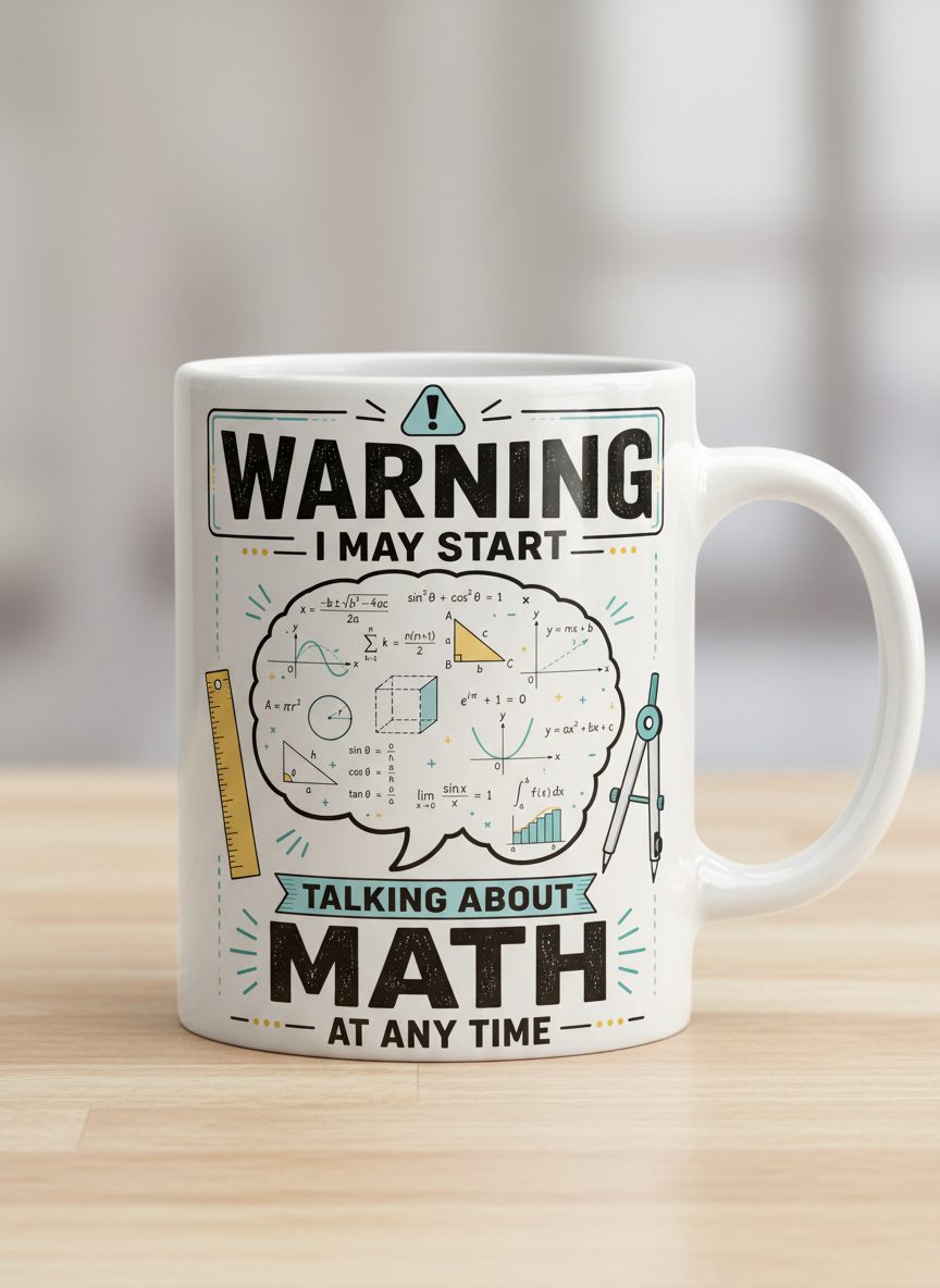 Warning I May Start Talking About Math at Any Time Funny Teachers White Mug - product mockup - White