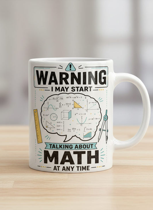 Warning I May Start Talking About Math at Any Time Funny Teachers White Mug - product mockup - White
