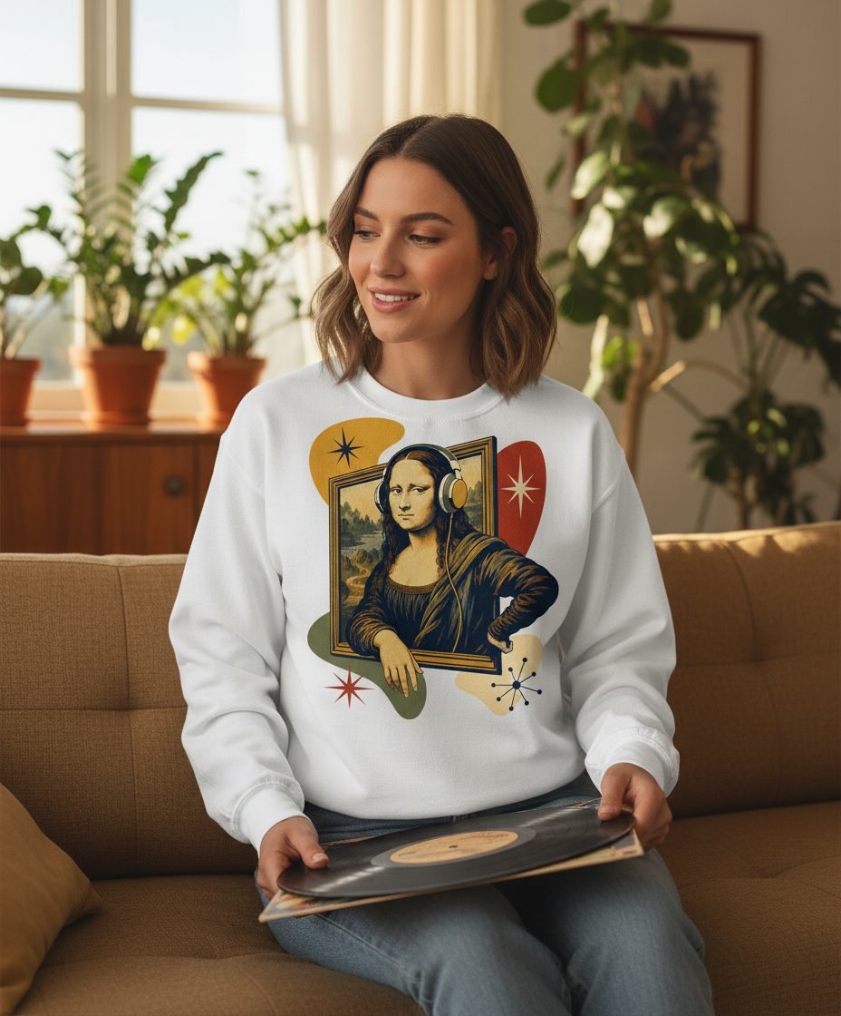 Mona Lisa Listening Retro Art Funny Parody Sweatshirt - lifestyle model mockup - White
