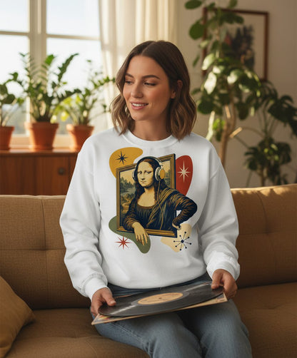 Mona Lisa Listening Retro Art Funny Parody Sweatshirt - lifestyle model mockup - White