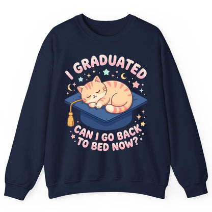 I Graduated CAN I GO BACK TO BED NOW Funny Graduation Cat Sweatshirt - product mockup - Navy