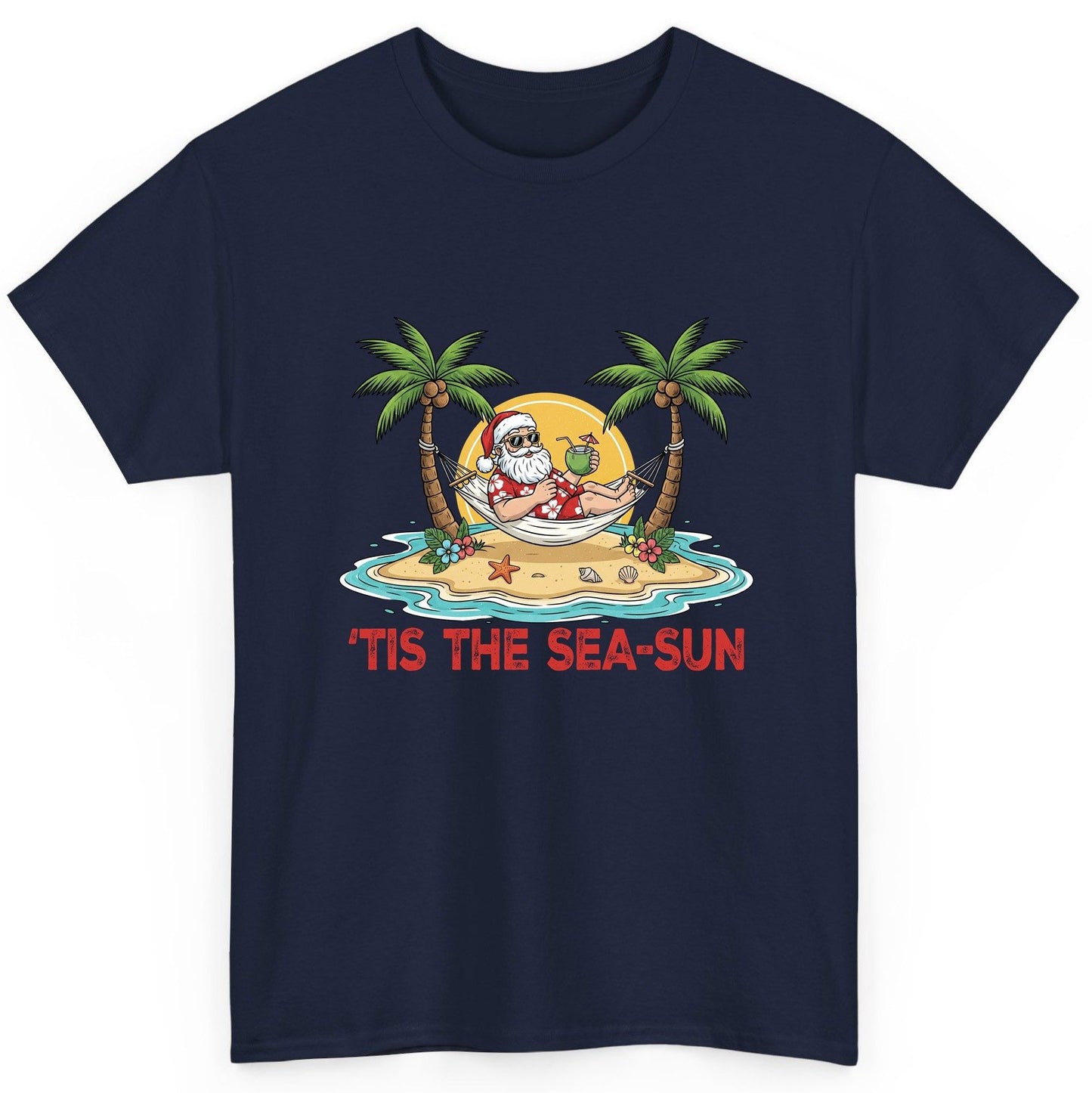 'Tis the Sea-Sun santa claus on a tropical vacation T-Shirt Navy product mockup