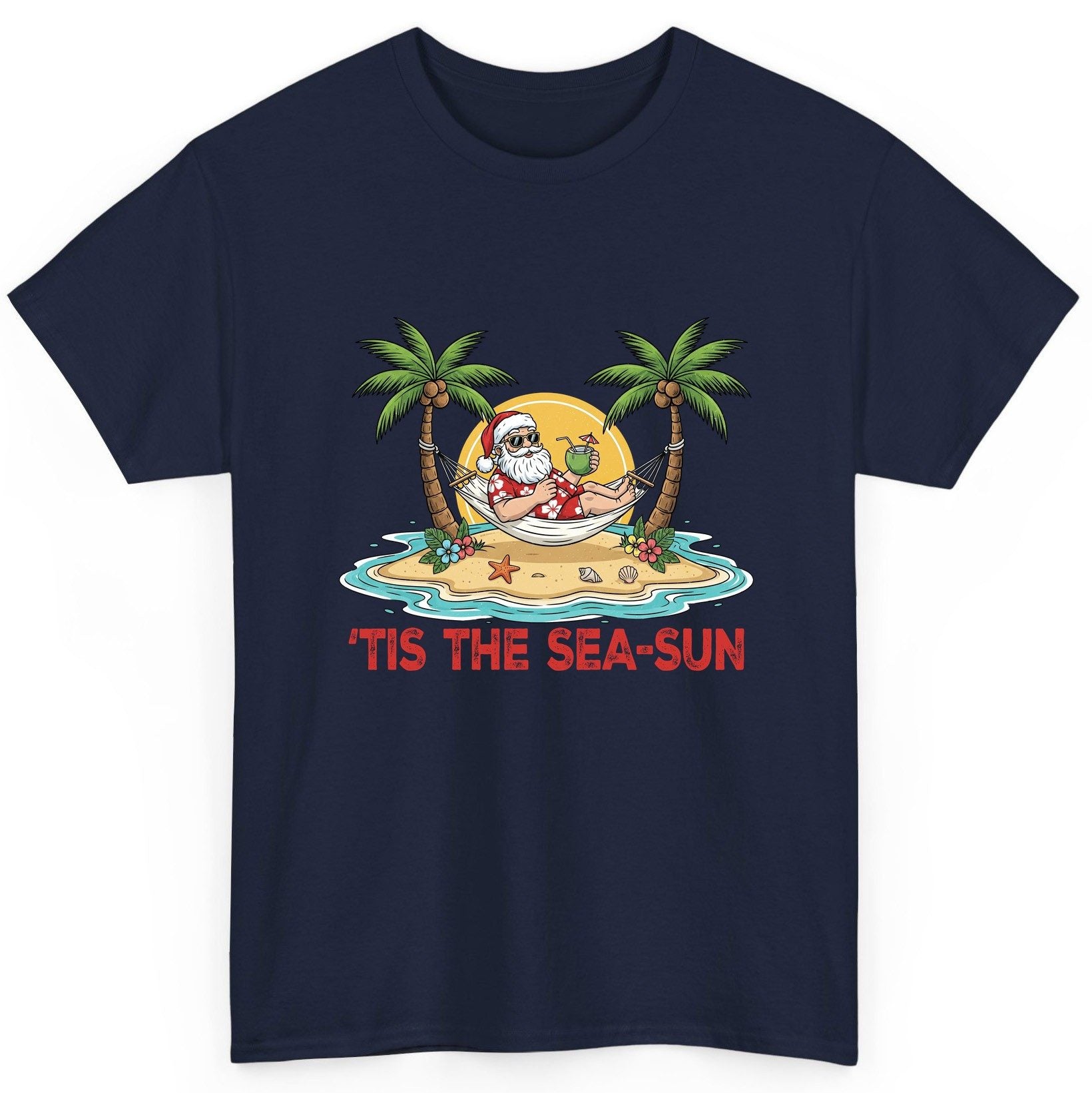 'Tis the Sea-Sun santa claus on a tropical vacation T-Shirt Navy product mockup