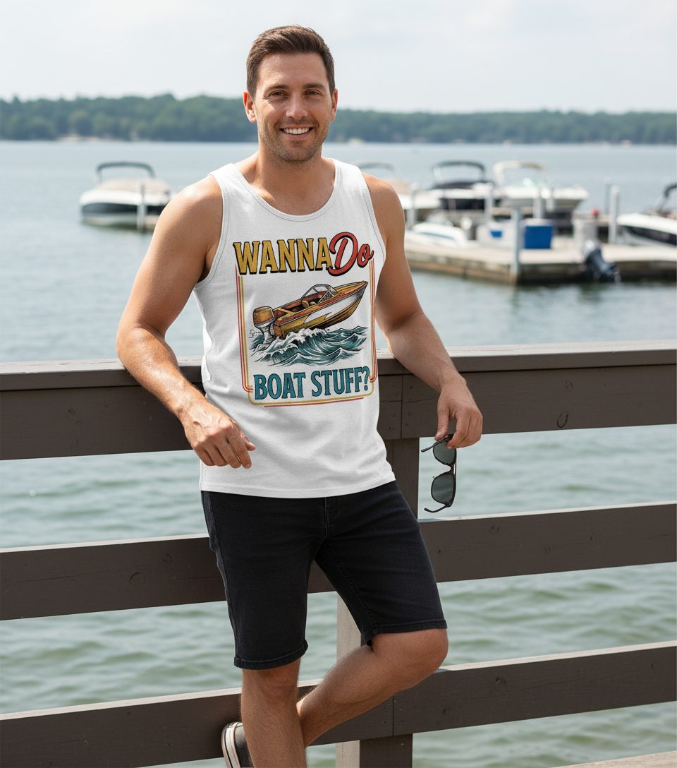 Wanna Do Boat Stuff Retro Boating Tank Top - lifestyle model mockup - White