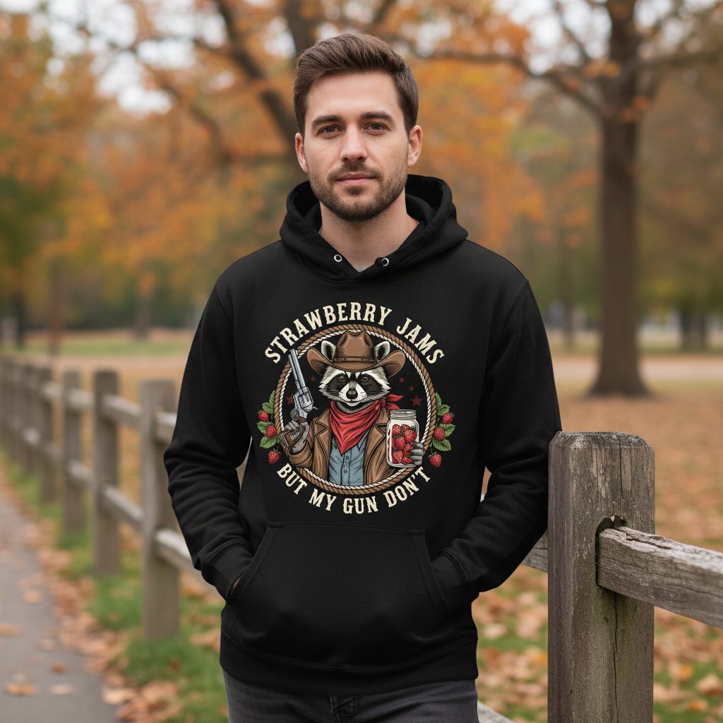 Strawberry Jams but My Gun Don't cowboy raccoon Hoodie Black lifestyle mockup