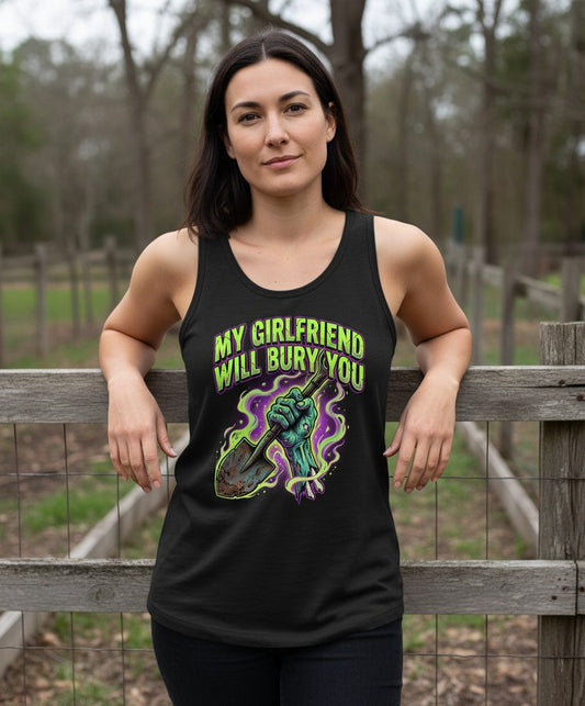 My Girlfriend Will Bury You zombie Tank Top Black lifestyle mockup