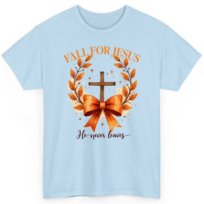 Fall for Jesus He Never Leaves christian faith T-Shirt Light Blue product mockup