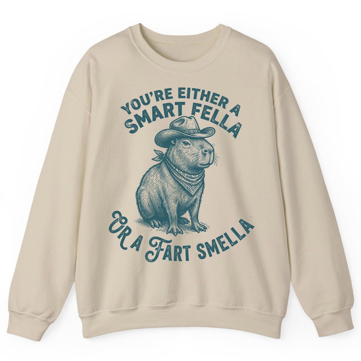 You're Either a Smart Fella or a Fart Smella capybara Sweatshirt Sand product mockup